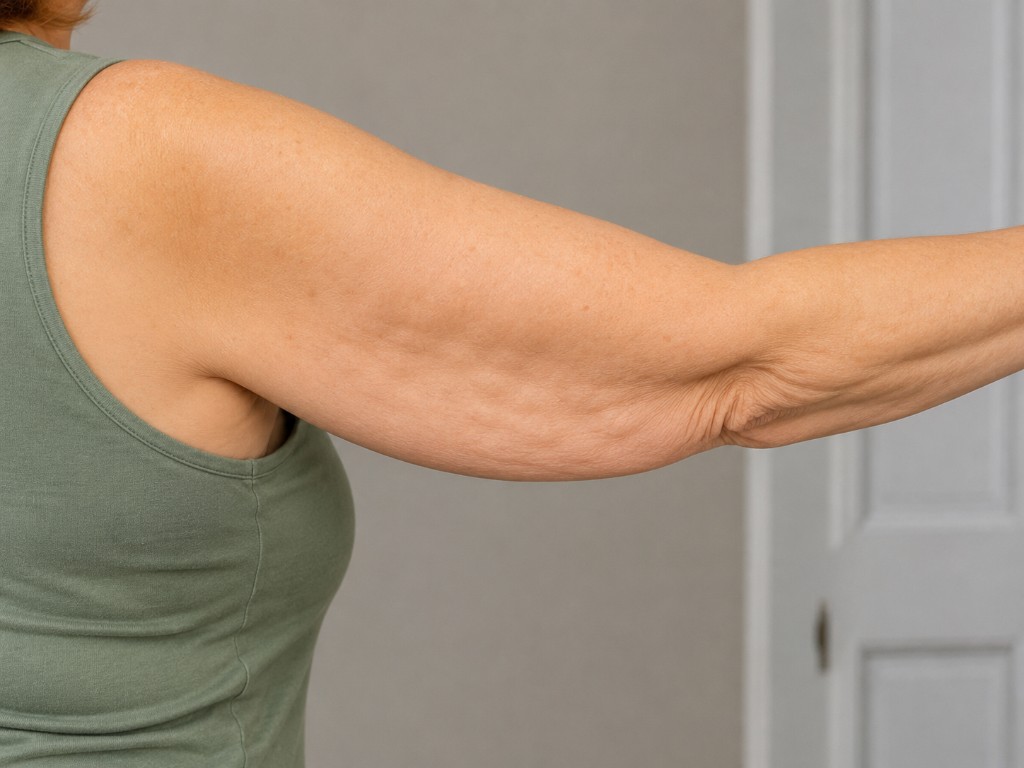 Brazo superior en perfil: piel del tríceps con textura suave.