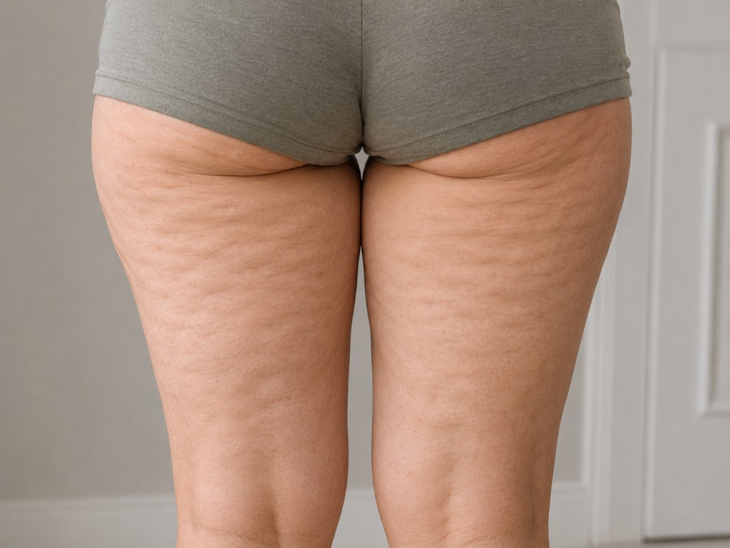 Primer plano de la parte posterior de muslos y glúteos con textura de piel por celulitis.